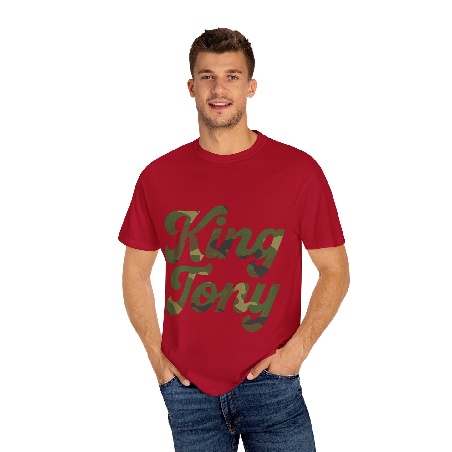 King Tony Camouflage Logo T-Shirt – Comfort Colors 1717 (Red, Army Green, Black, White)