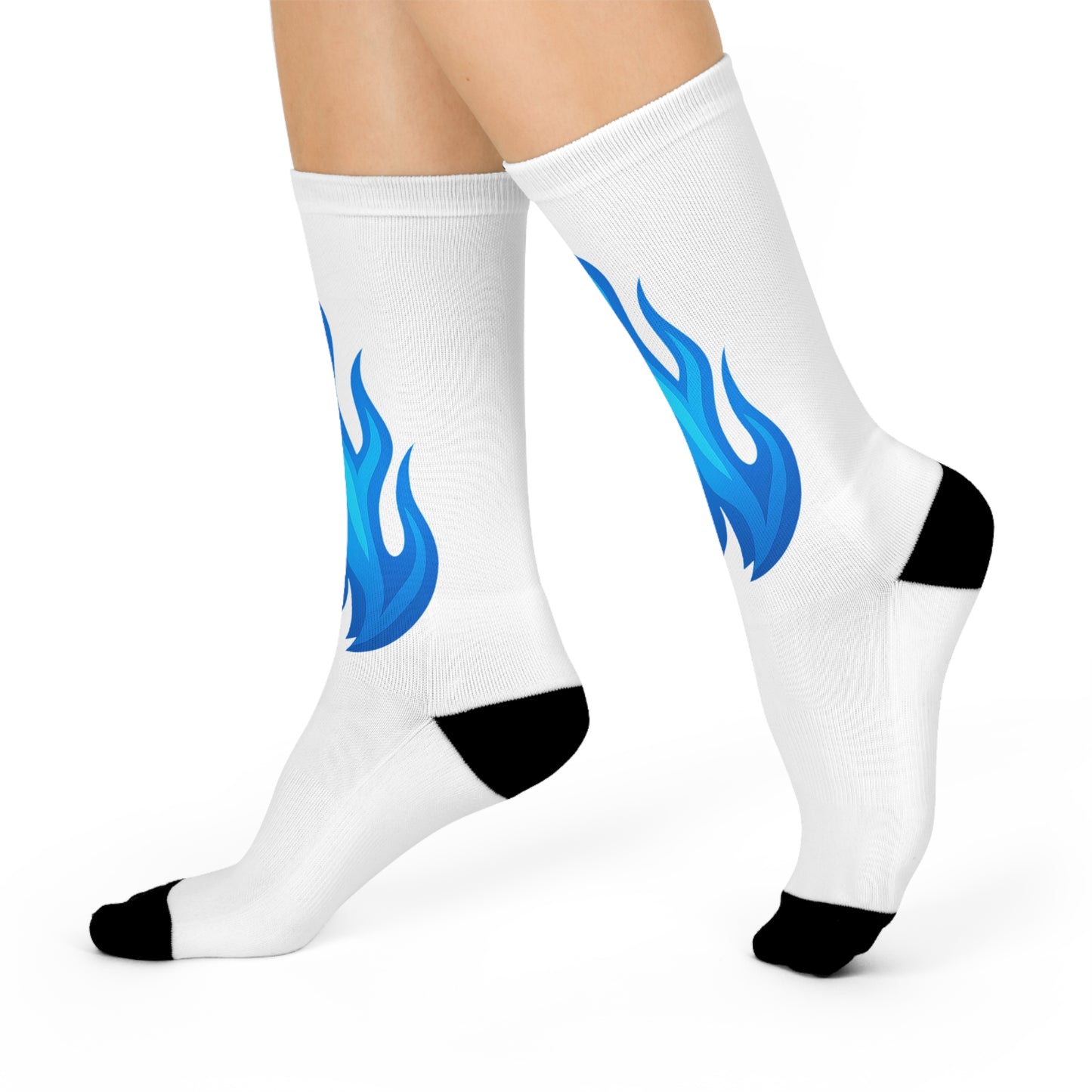 Large Blue Flame Emoji Crew Socks – White with Bold Blue Flames
