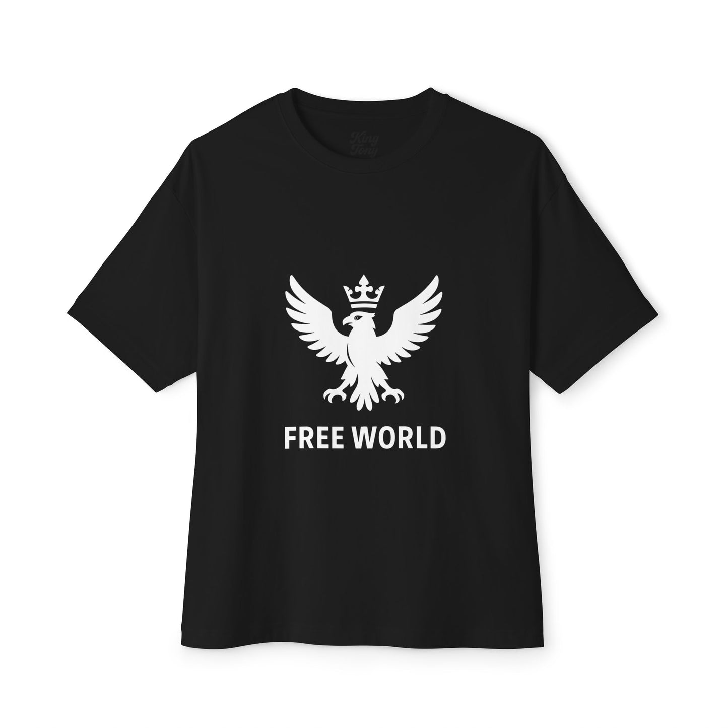 Free World Oversized Boxy Tee – Crowned Eagle Logo (White, Black, Gold)