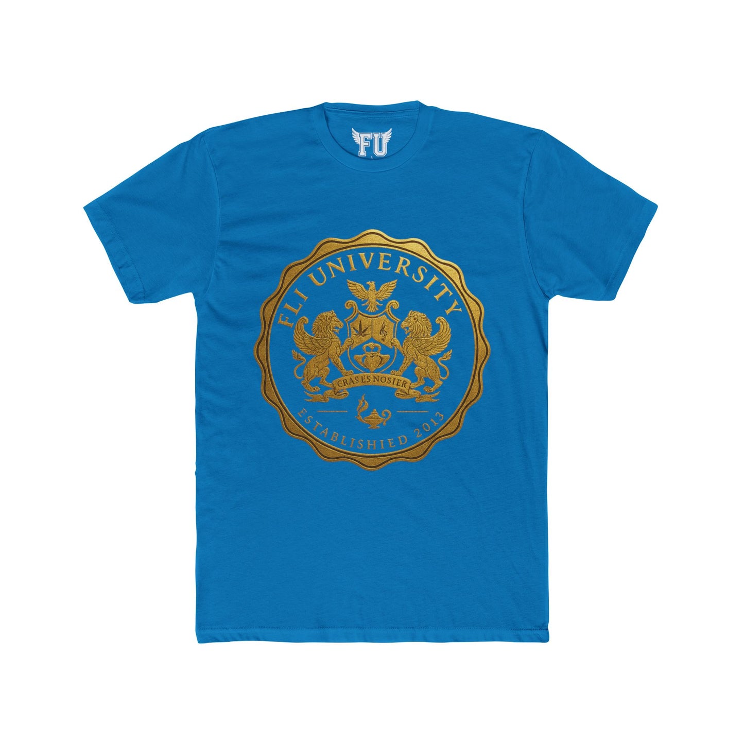 Fli University Gold Seal Tee – Unisex Classic Fit (Turquoise, Blue, Purple, White, or Black)
