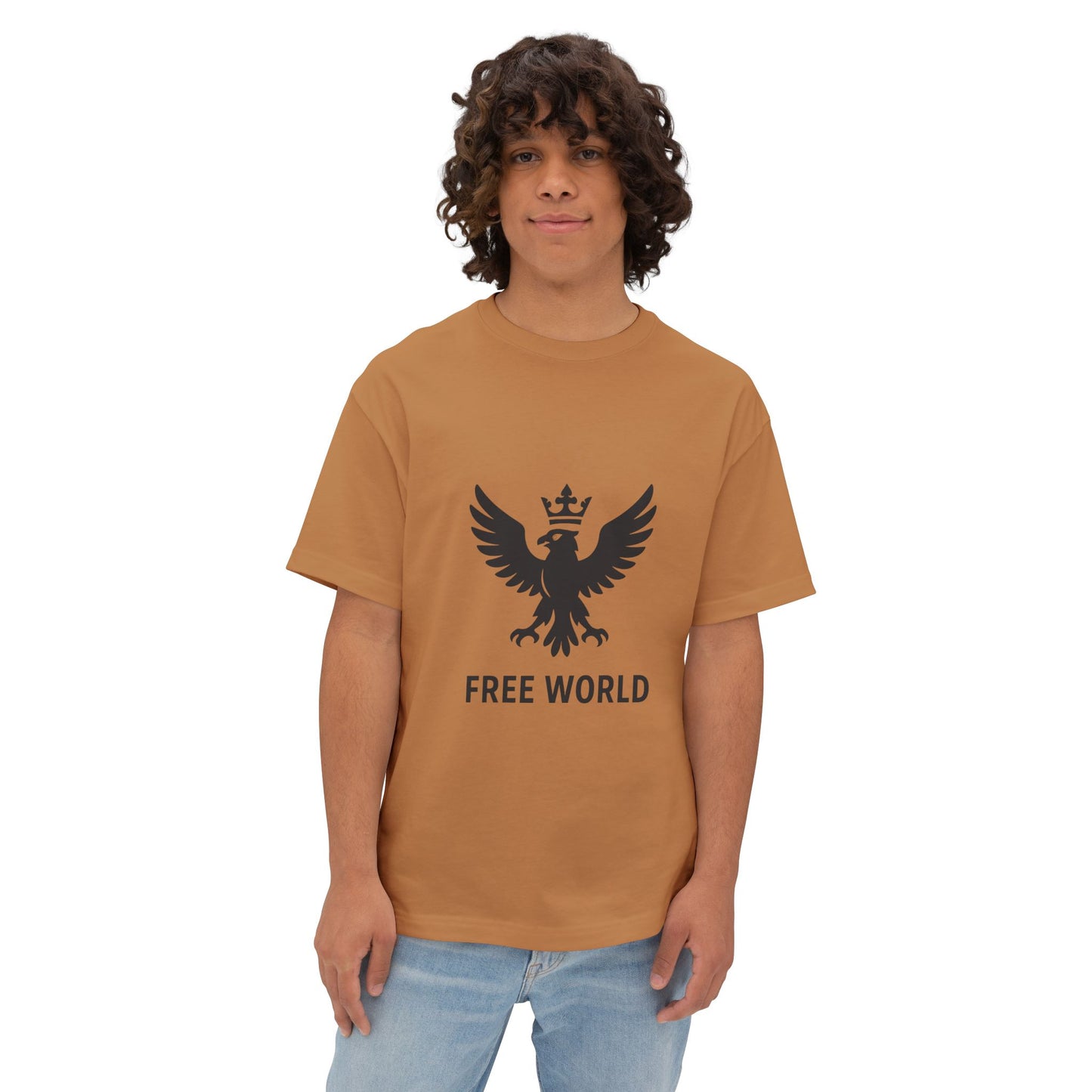 Free World Oversized Boxy Tee – Crowned Eagle Logo (White, Black, Gold)