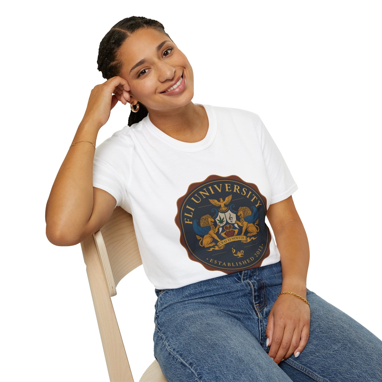 Unisex Softstyle T-Shirt with FLI University Crest, College Tee