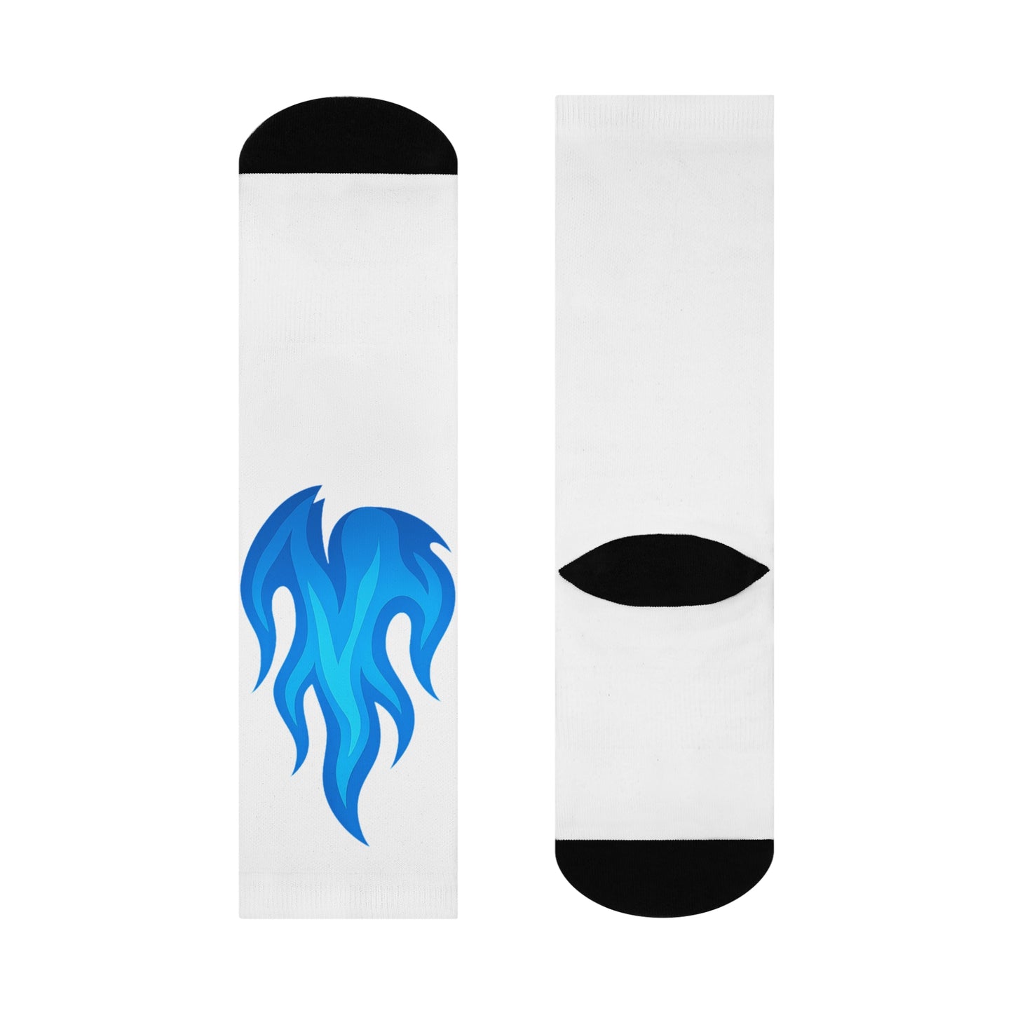 Large Blue Flame Emoji Crew Socks – White with Bold Blue Flames