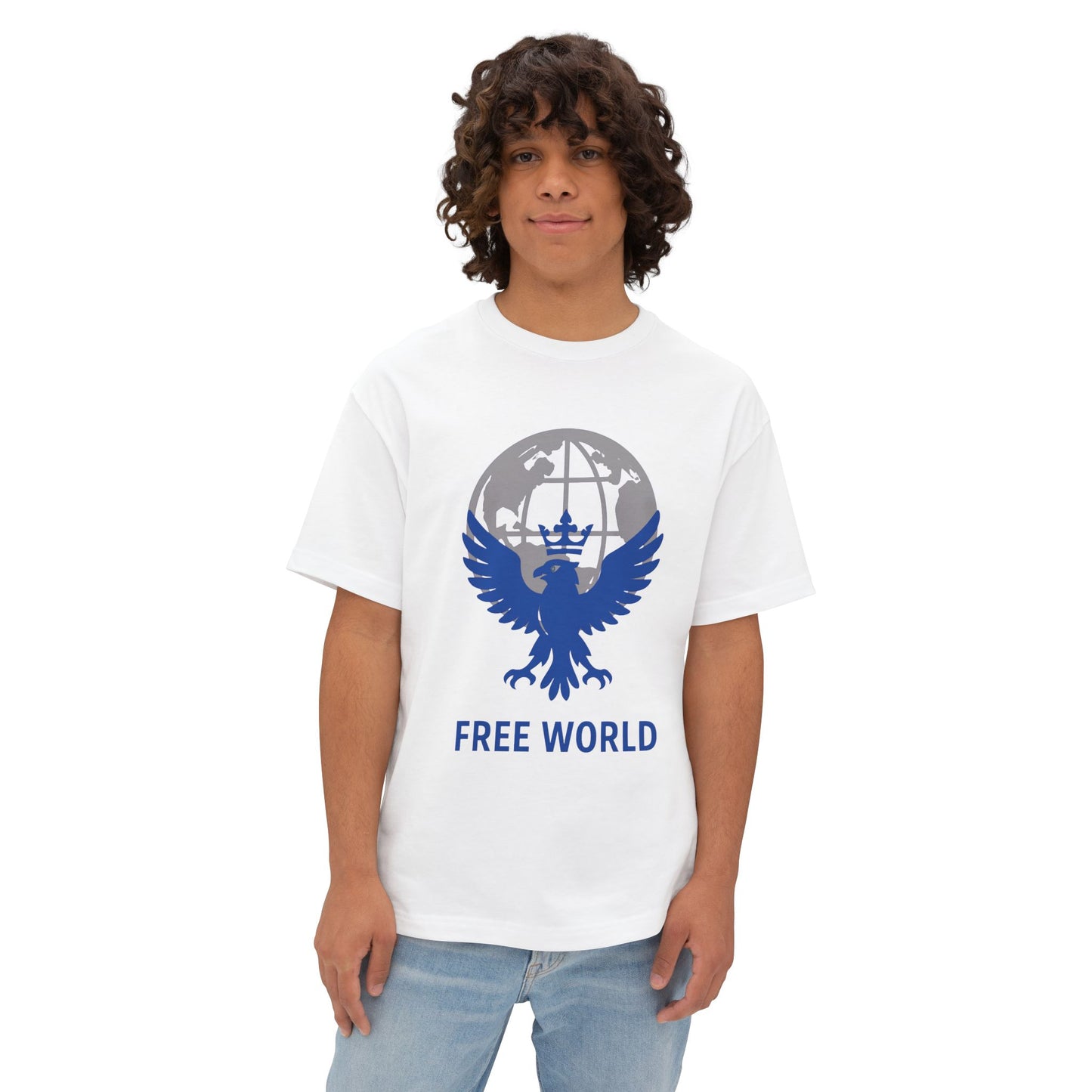 Globe  Free World Oversized Boxy Tee – Crowned Eagle Logo (White, Black, Gold)
