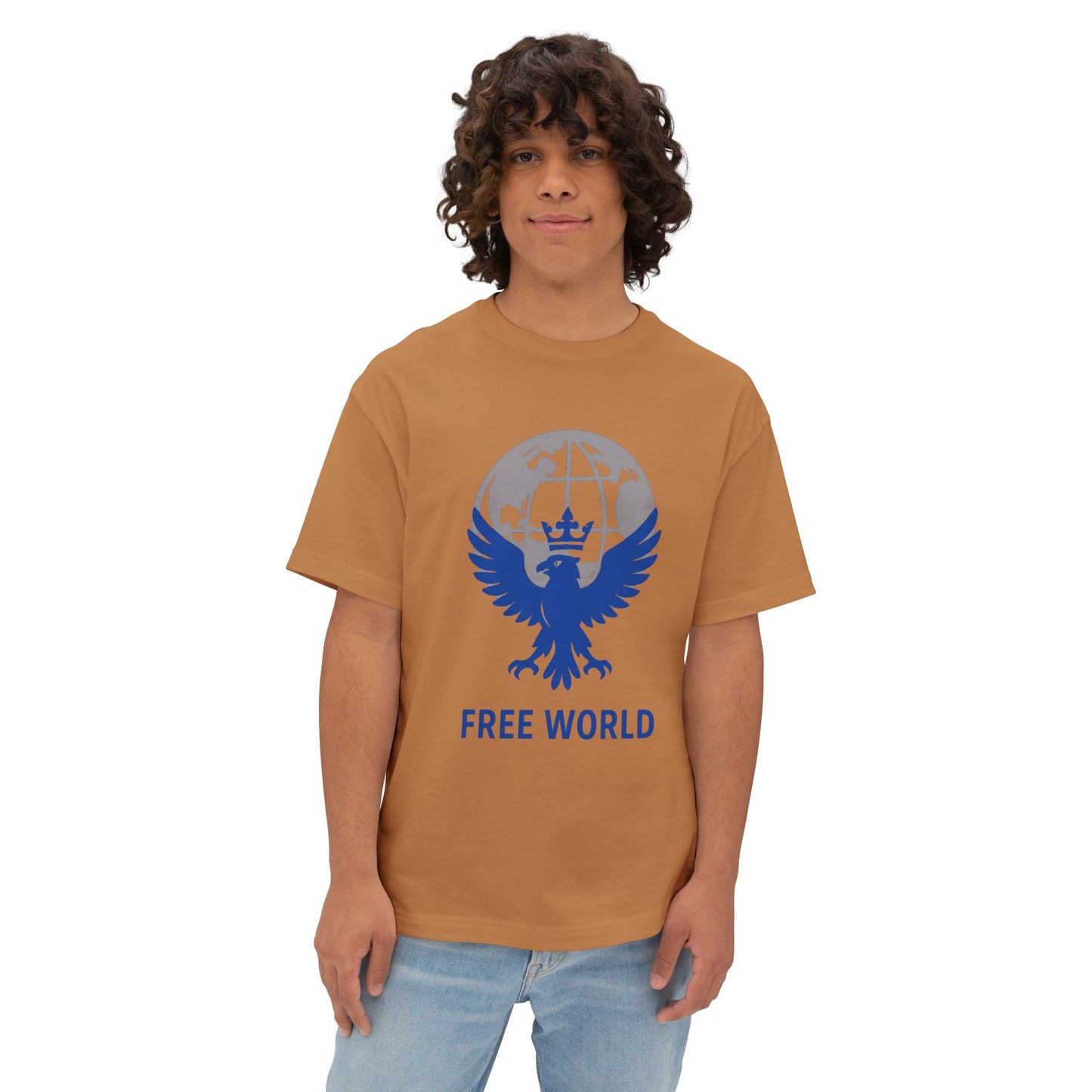Globe  Free World Oversized Boxy Tee – Crowned Eagle Logo (White, Black, Gold)