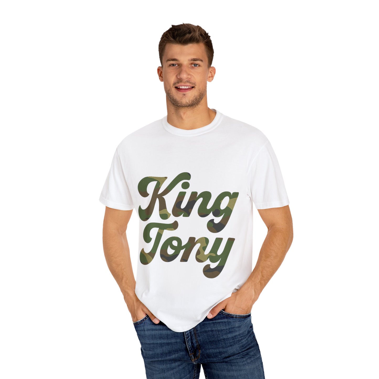 King Tony Camouflage Logo T-Shirt – Comfort Colors 1717 (Red, Army Green, Black, White)