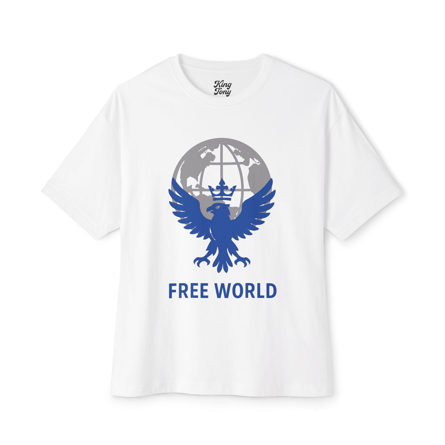 Globe  Free World Oversized Boxy Tee – Crowned Eagle Logo (White, Black, Gold)