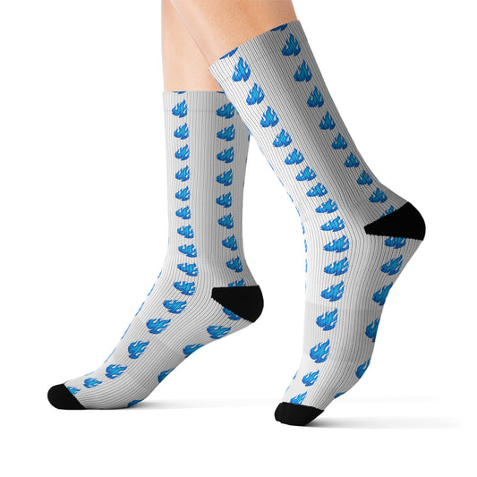 Small Blue Flame Crew Socks – White with All-Over Blue Flames