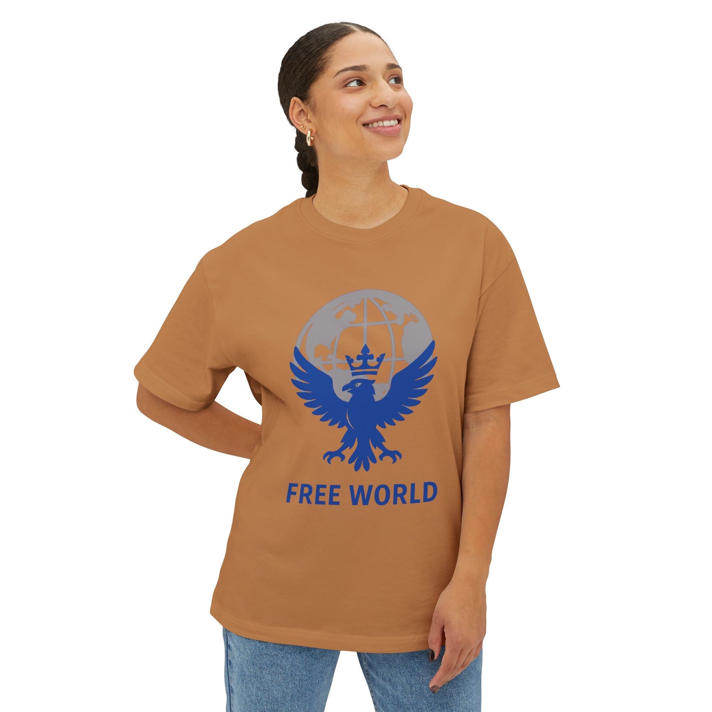 Globe  Free World Oversized Boxy Tee – Crowned Eagle Logo (White, Black, Gold)