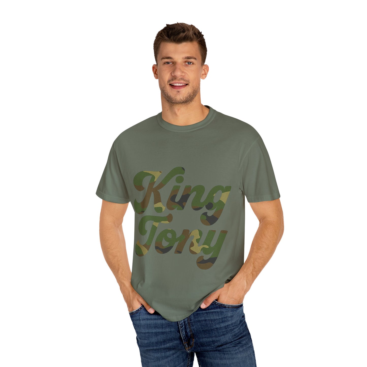 King Tony Camouflage Logo T-Shirt – Comfort Colors 1717 (Red, Army Green, Black, White)