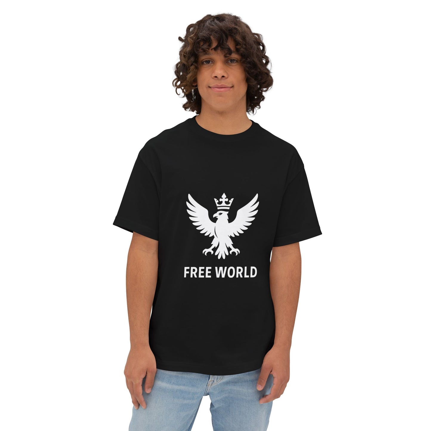 Free World Oversized Boxy Tee – Crowned Eagle Logo (White, Black, Gold)