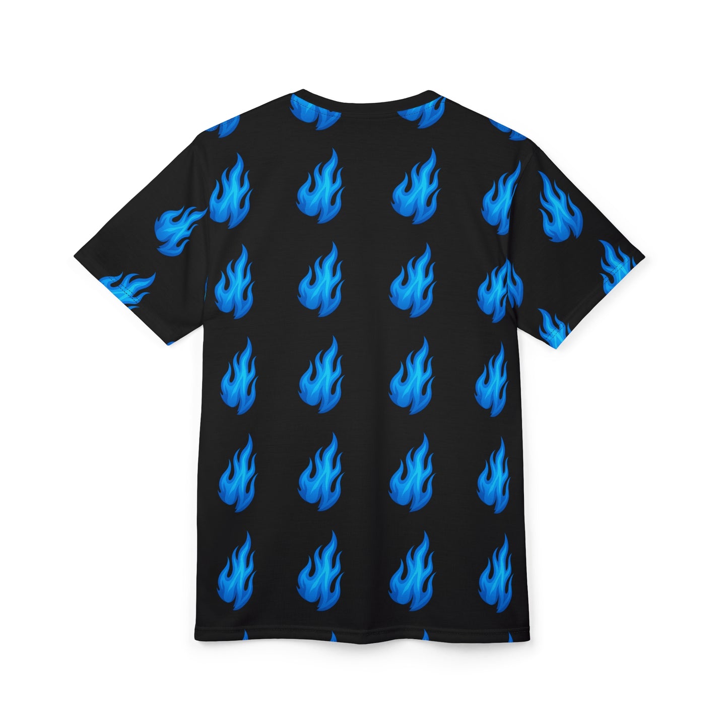 Blue Flame Emoji Pattern Performance Tee – Black Edition