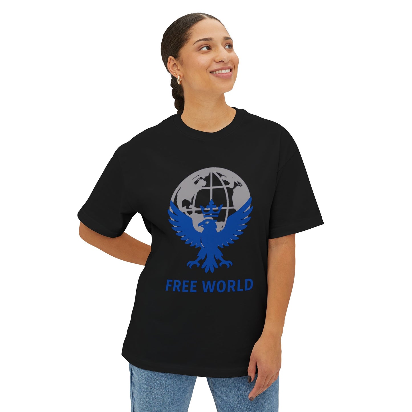Globe  Free World Oversized Boxy Tee – Crowned Eagle Logo (White, Black, Gold)