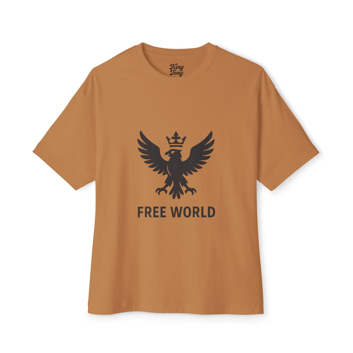 Free World Oversized Boxy Tee – Crowned Eagle Logo (White, Black, Gold)
