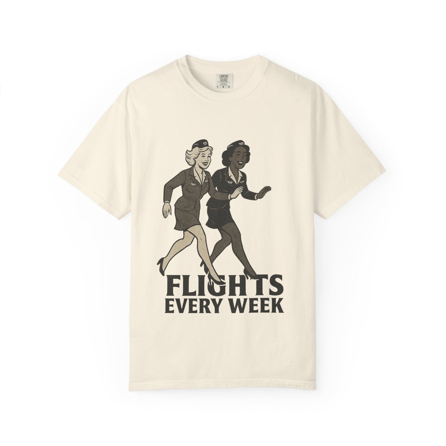 Flights Every Week – Vintage Stewardess Graphic Tee (Comfort Colors 1717)