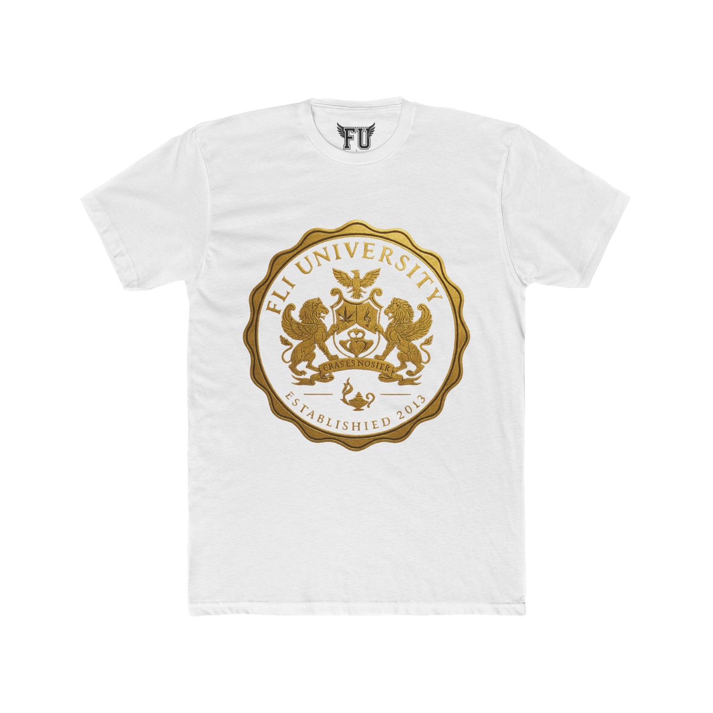 Fli University Gold Seal Tee – Unisex Classic Fit (Turquoise, Blue, Purple, White, or Black)