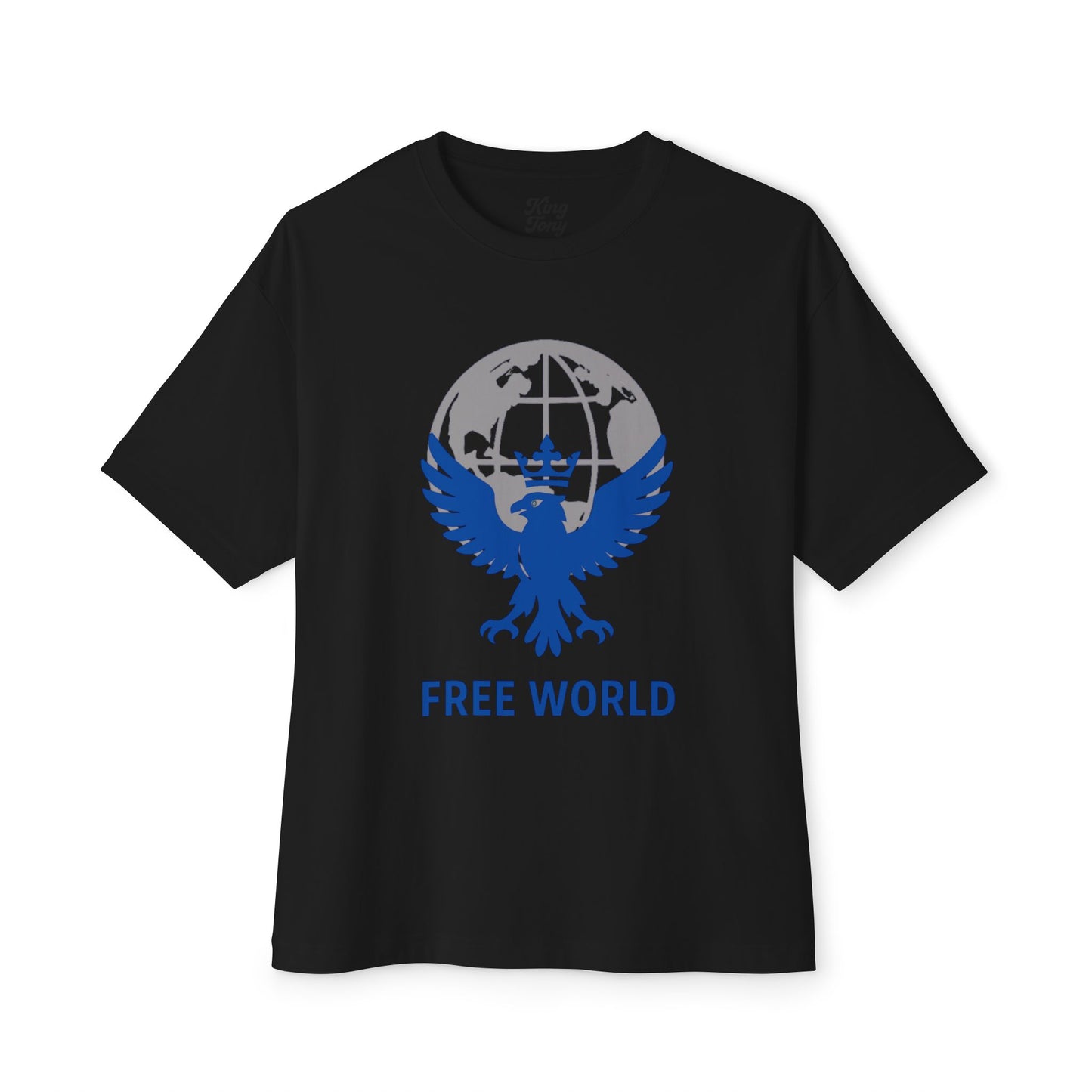 Globe  Free World Oversized Boxy Tee – Crowned Eagle Logo (White, Black, Gold)
