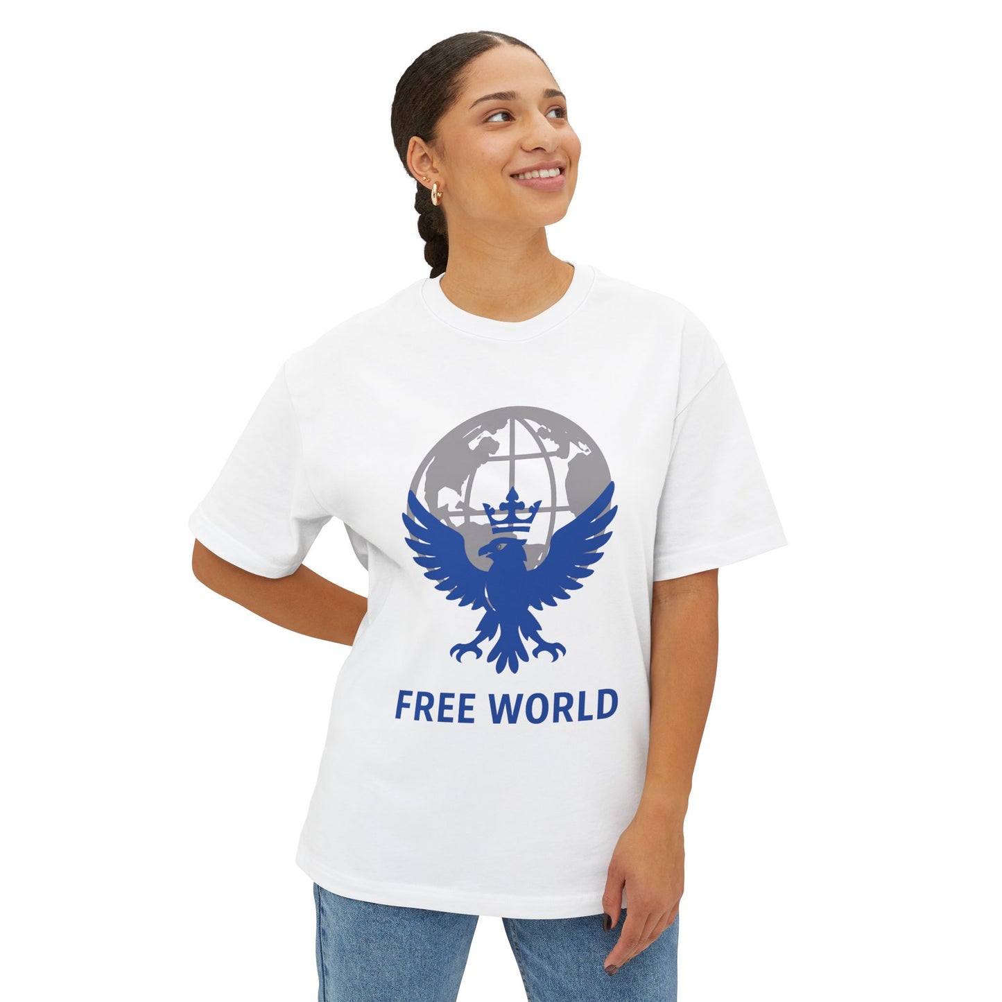 Globe  Free World Oversized Boxy Tee – Crowned Eagle Logo (White, Black, Gold)