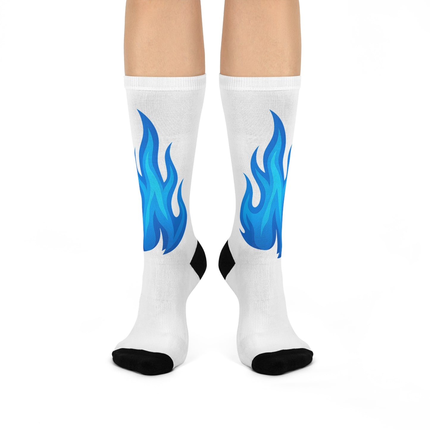 Large Blue Flame Emoji Crew Socks – White with Bold Blue Flames