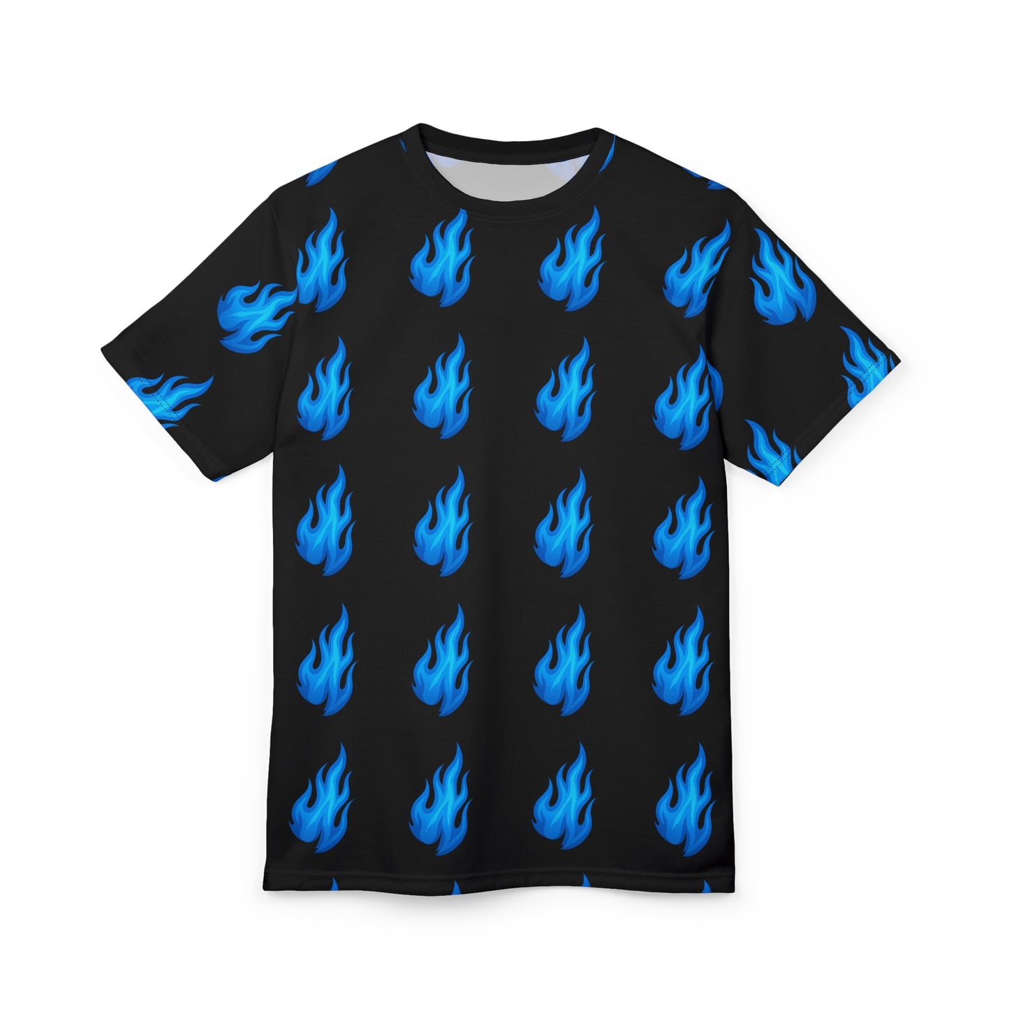 Blue Flame Emoji Pattern Performance Tee – Black Edition