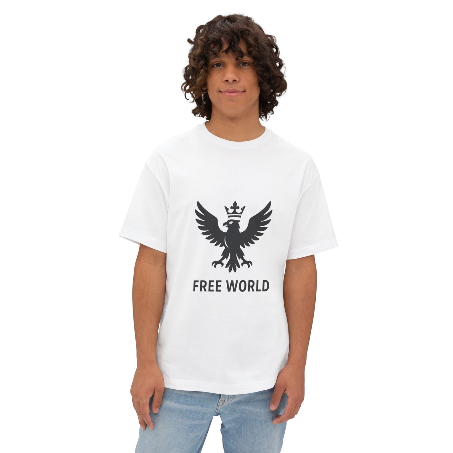 Free World Oversized Boxy Tee – Crowned Eagle Logo (White, Black, Gold)