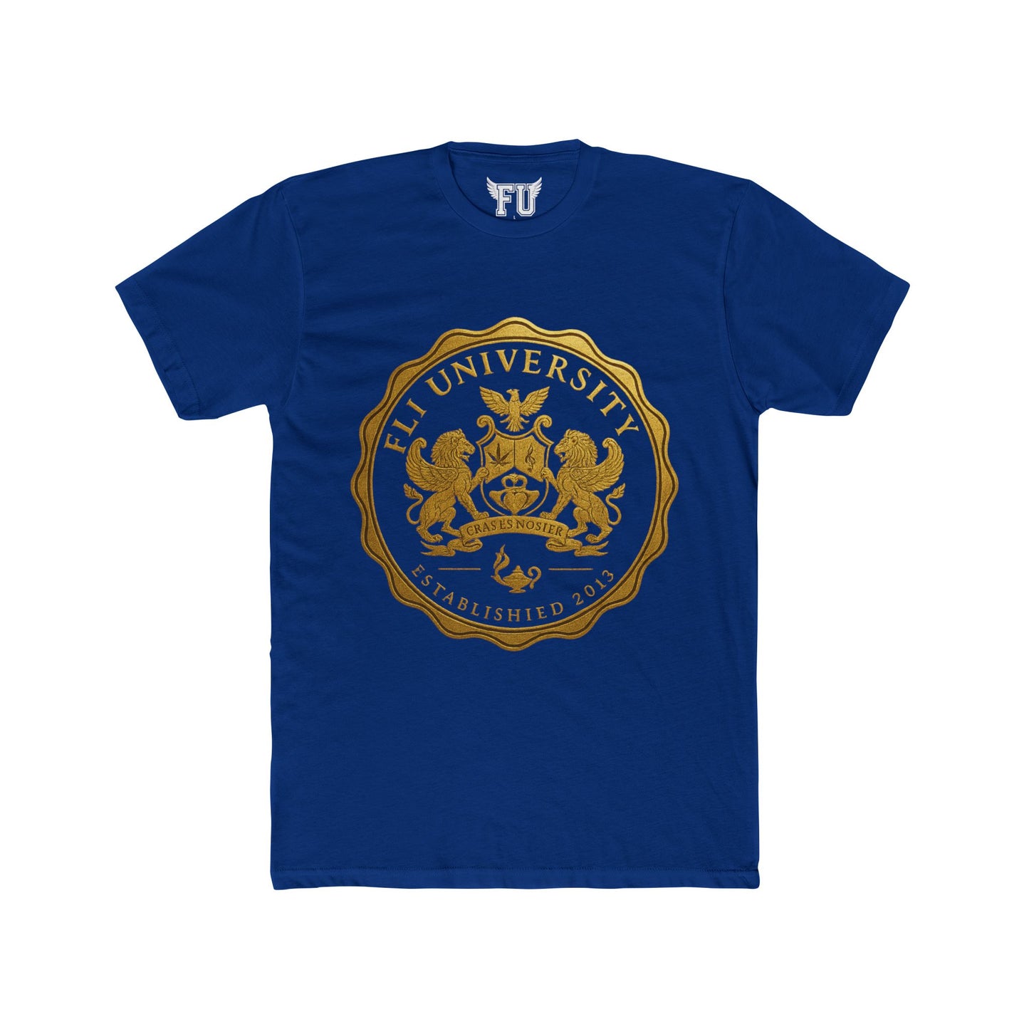 Fli University Gold Seal Tee – Unisex Classic Fit (Turquoise, Blue, Purple, White, or Black)