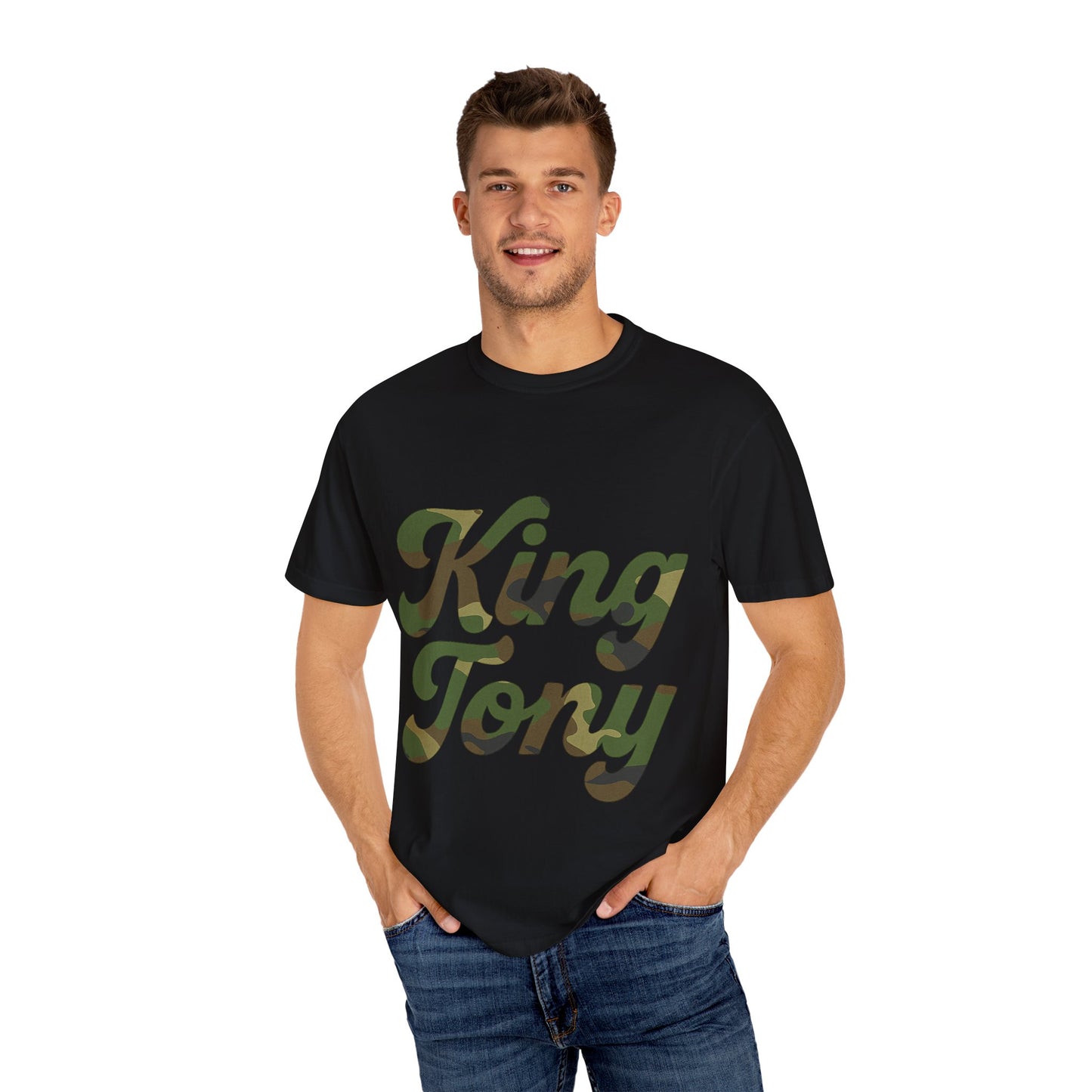 King Tony Camouflage Logo T-Shirt – Comfort Colors 1717 (Red, Army Green, Black, White)