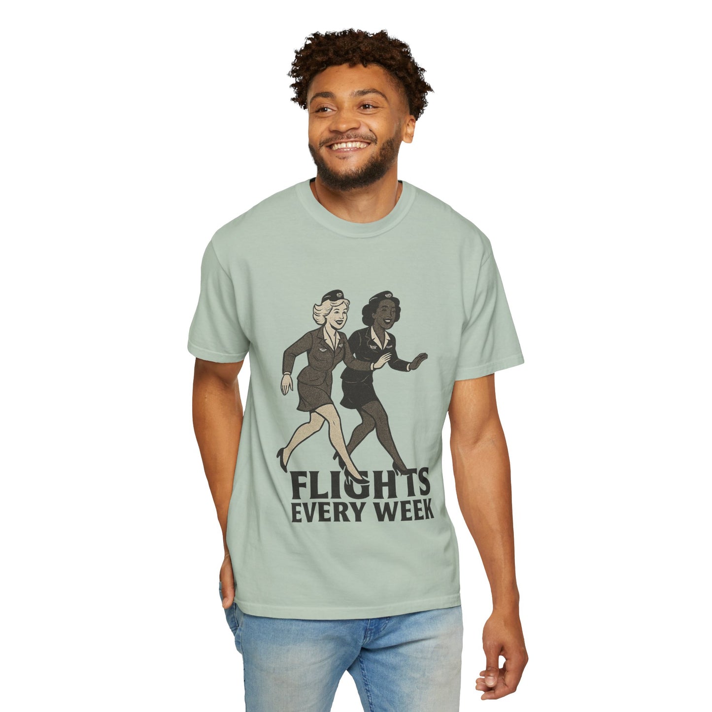 Flights Every Week – Vintage Stewardess Graphic Tee (Comfort Colors 1717)