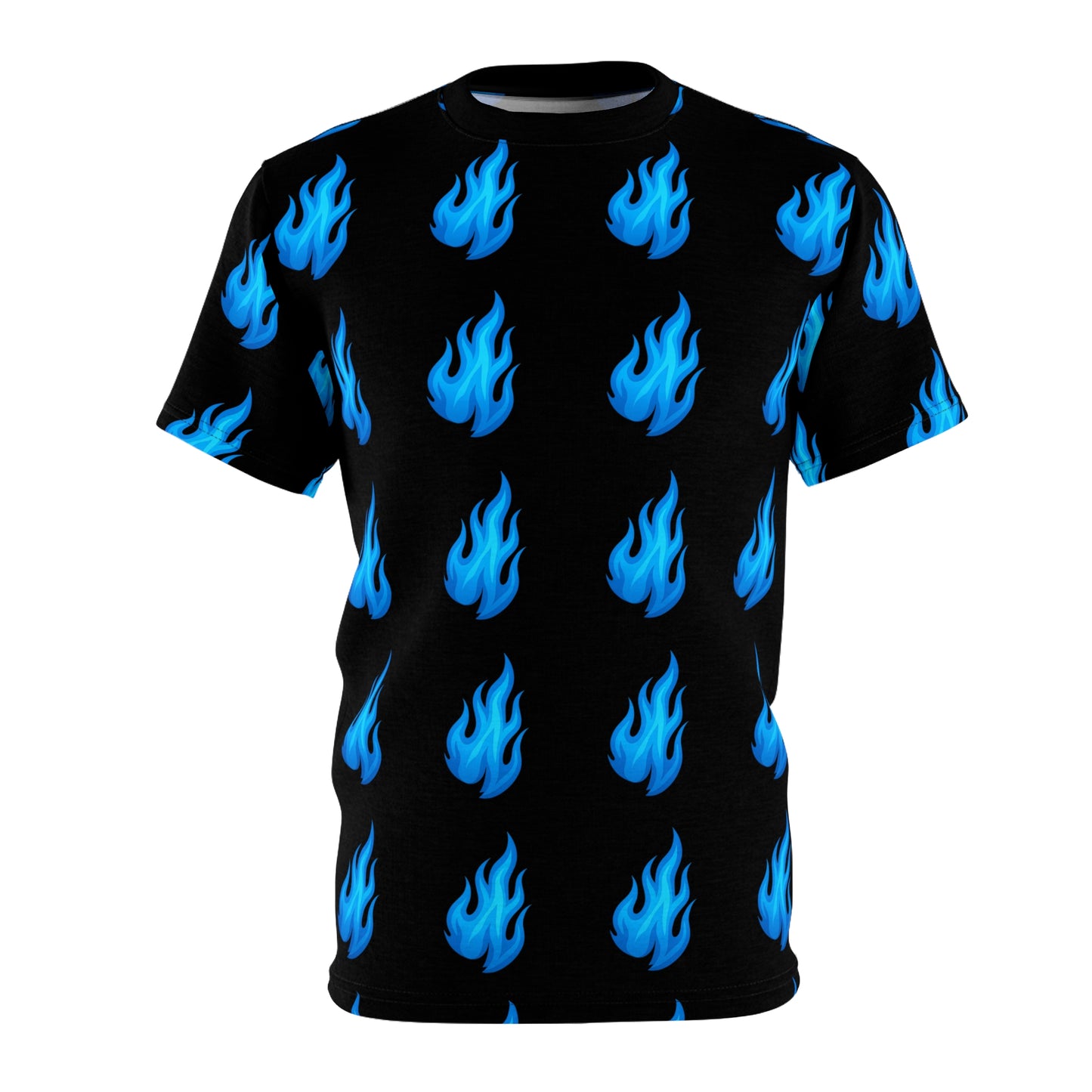 Blue Flame Emoji Pattern Performance Tee – Black Edition