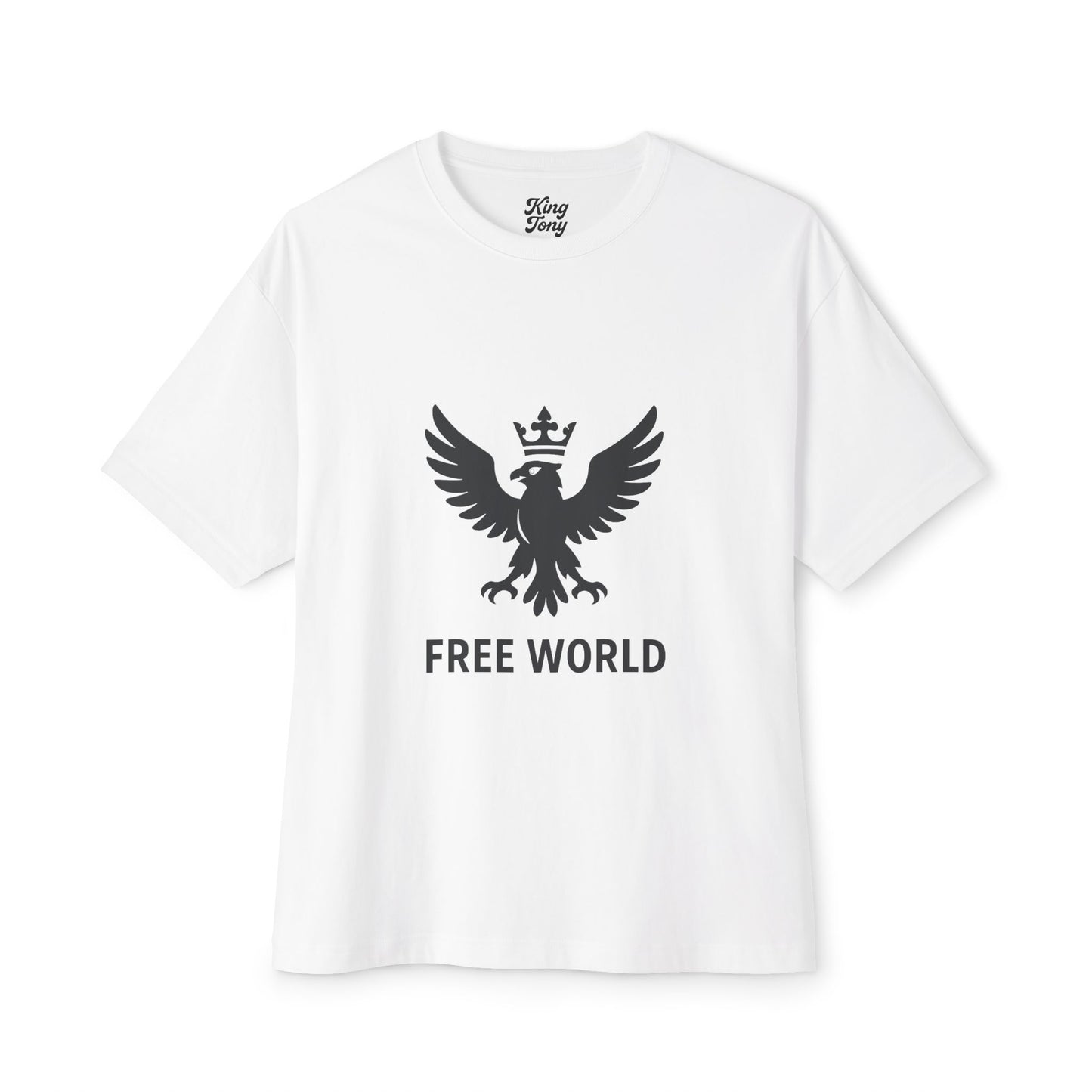 Free World Oversized Boxy Tee – Crowned Eagle Logo (White, Black, Gold)