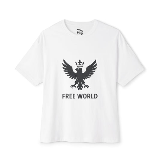 Free World Oversized Boxy Tee – Crowned Eagle Logo (White, Black, Gold)