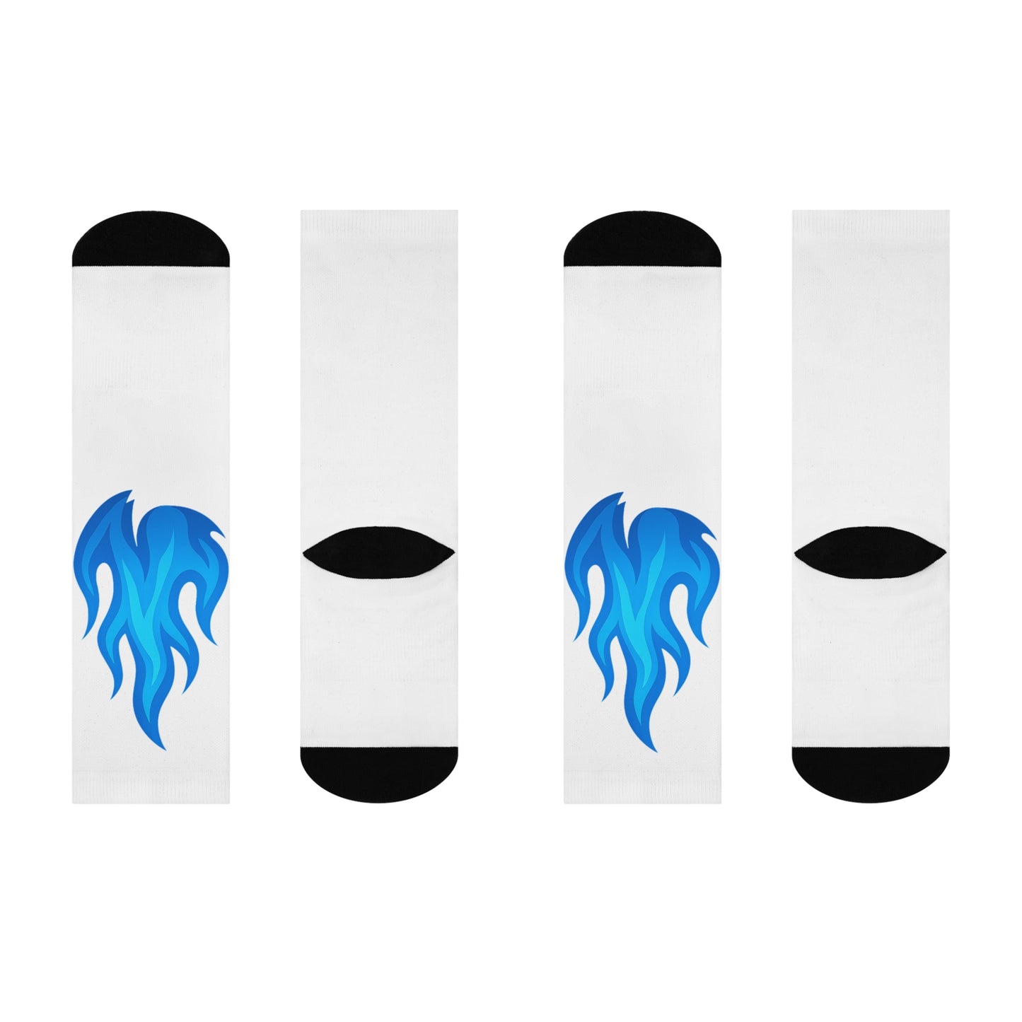 Large Blue Flame Emoji Crew Socks – White with Bold Blue Flames