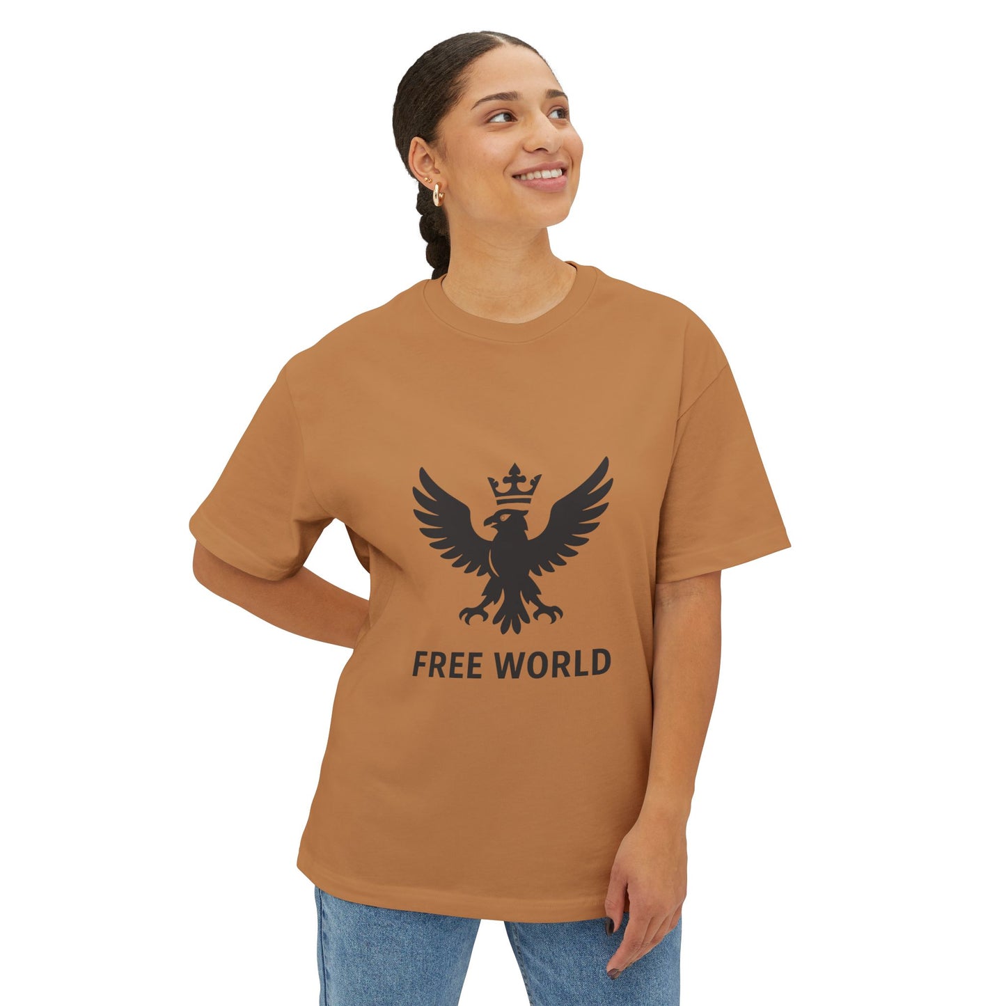 Free World Oversized Boxy Tee – Crowned Eagle Logo (White, Black, Gold)