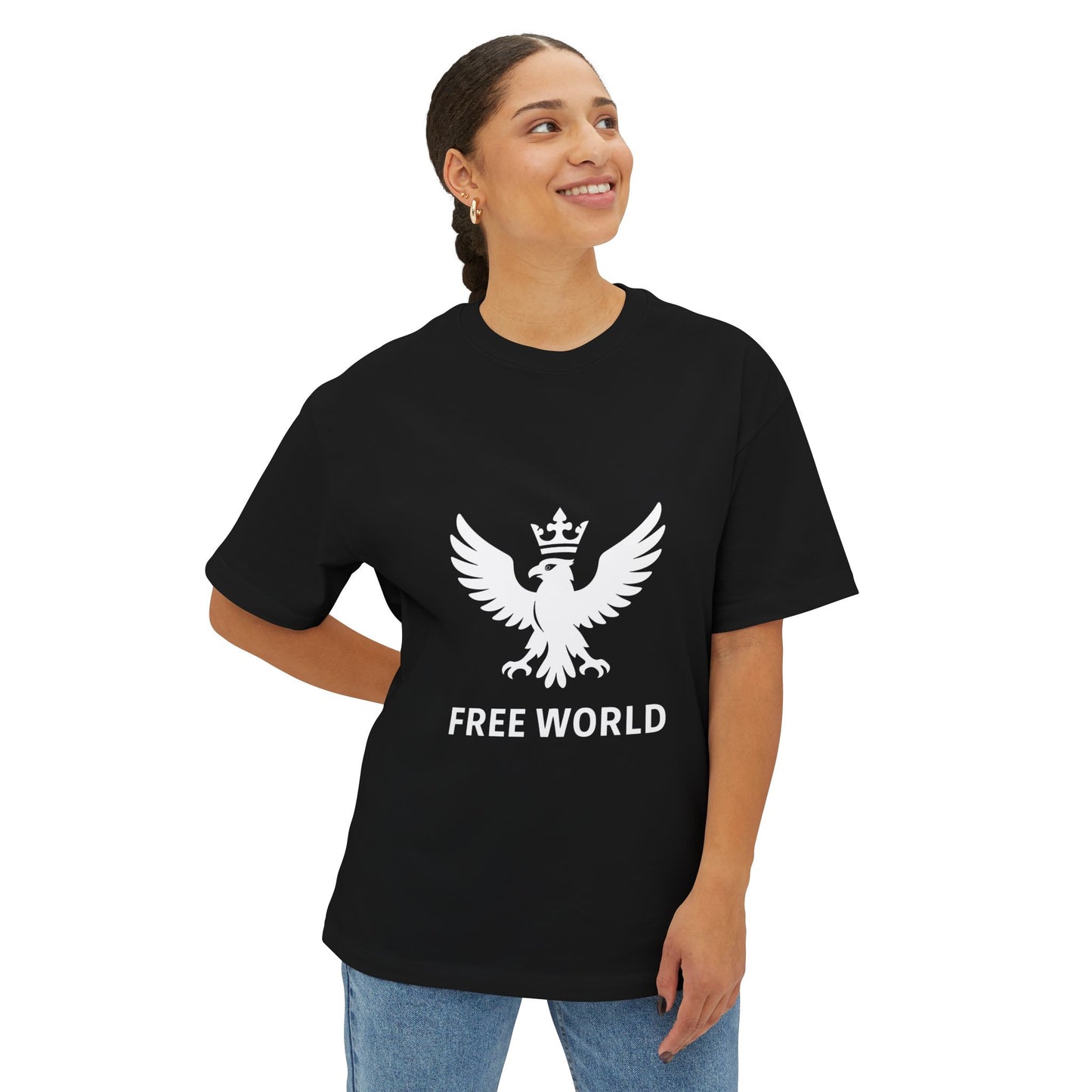 Free World Oversized Boxy Tee – Crowned Eagle Logo (White, Black, Gold)